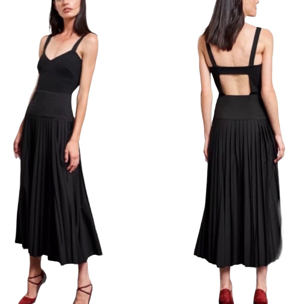 La Ligne Black Zelda Pleated Back Cut Out Virgin Wool Midi Dress Size 0